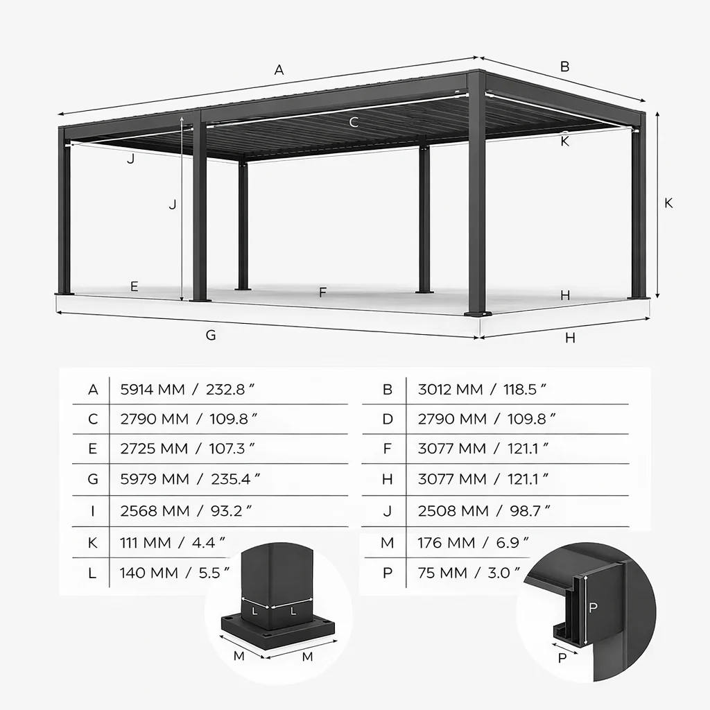 ENJOi Leo Aluminium LED Pergola 6m x 3m Rectangular Grey - Image 4