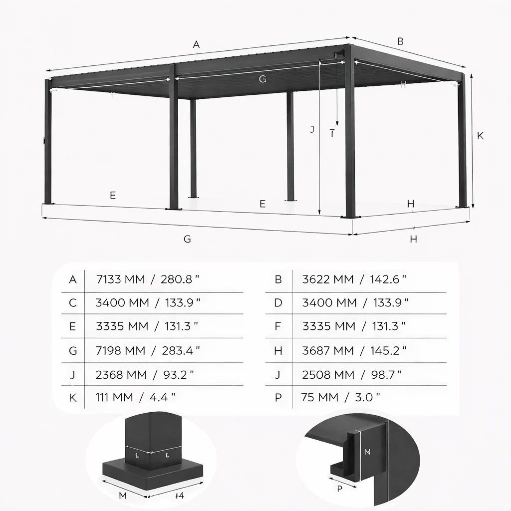 ENJOi Leo Aluminium Pergola 7.2m x 3.6m Pergola Grey - Image 3